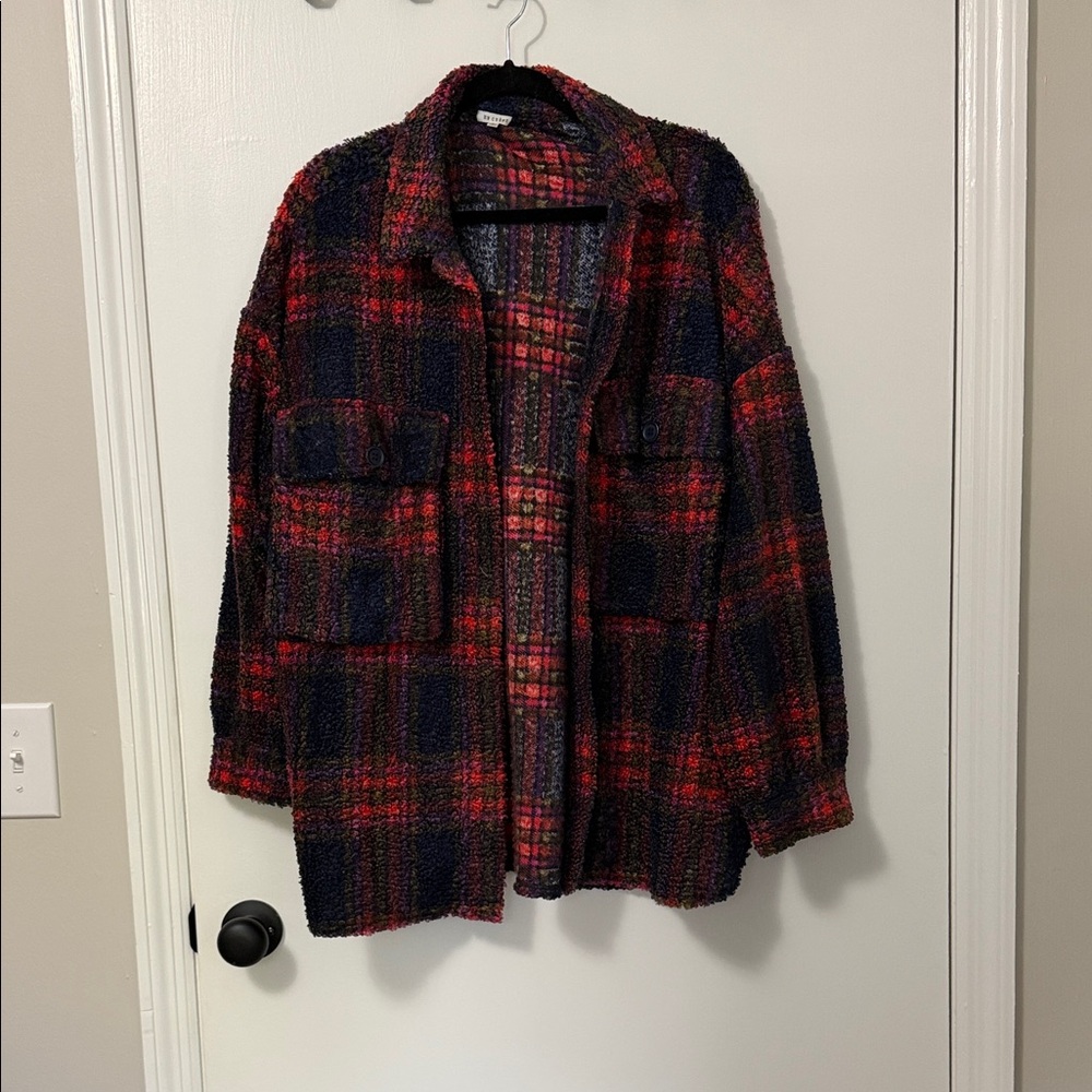 En Creme Plaid Teddy Jacket - Red & Navy